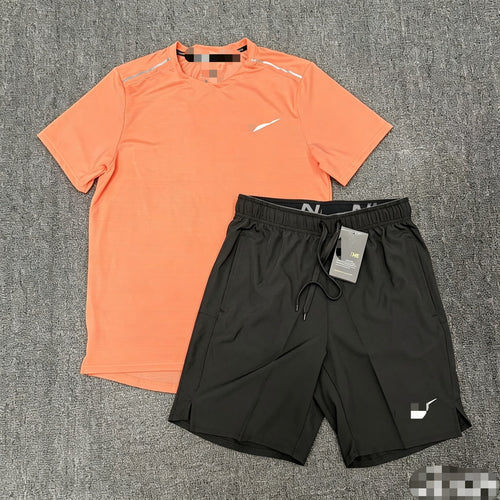 2026 cross-border suit crew neck ice silk short-sleeved T-shirt men's European and American summer sports running fitness shorts high elastic and breathable